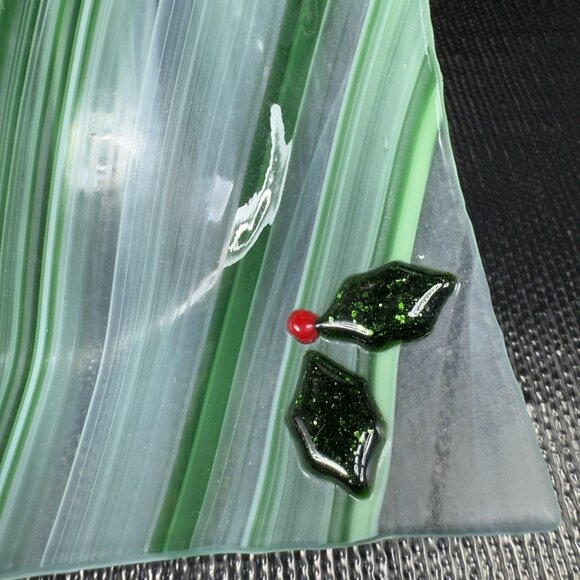 Vintage Fused Art Glass Square Dish Plate White Green Swirl Festive Holiday VTG - Picture 6 of 12